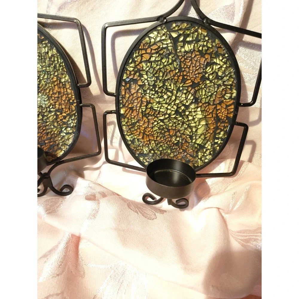 Vtg Elements Crackle Glass Mosaic Wall Sconce Candle Holder Pair Amber Yellow